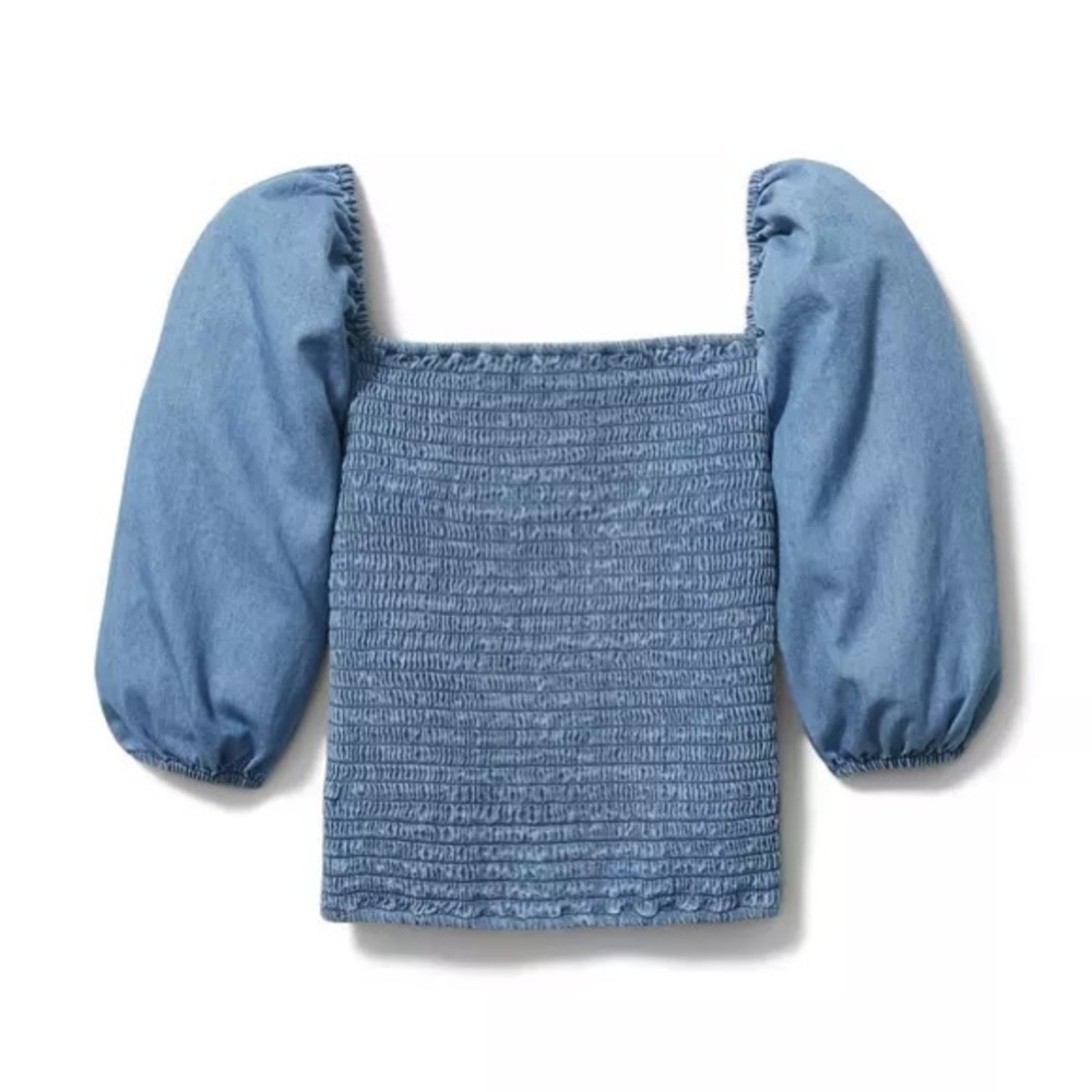 Janie and Jack Kids Denim Chambray Puff Sleeve Smocked Stretch Blouse Size 16